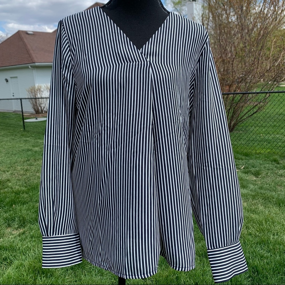 Ann Taylor Factory M Navy Stripe LS Blouse - Picture 8 of 12